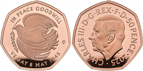50 Pence 2025 VE Day Dove of Peace British Coin